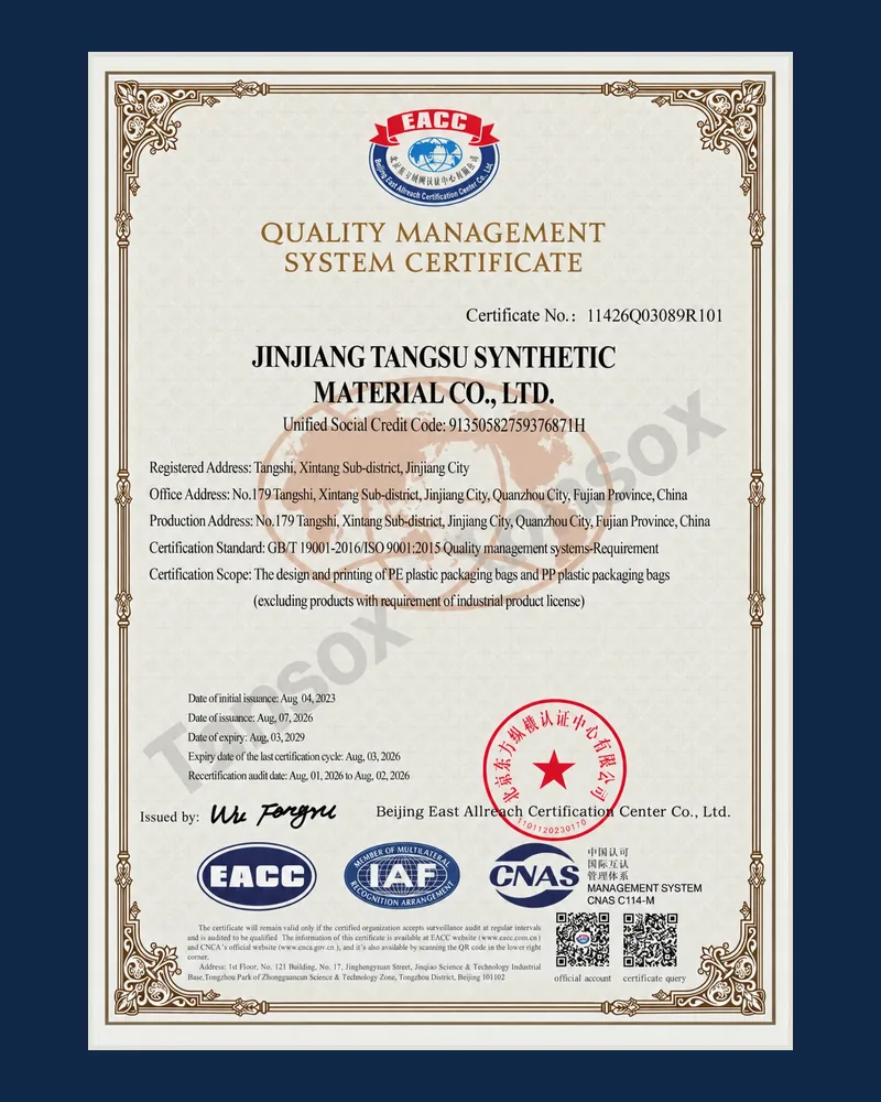 ISO 9001:2015 Quality Management System certificate issued to Jinjiang Tangsu Synthetic Material Co., Ltd. by EACC