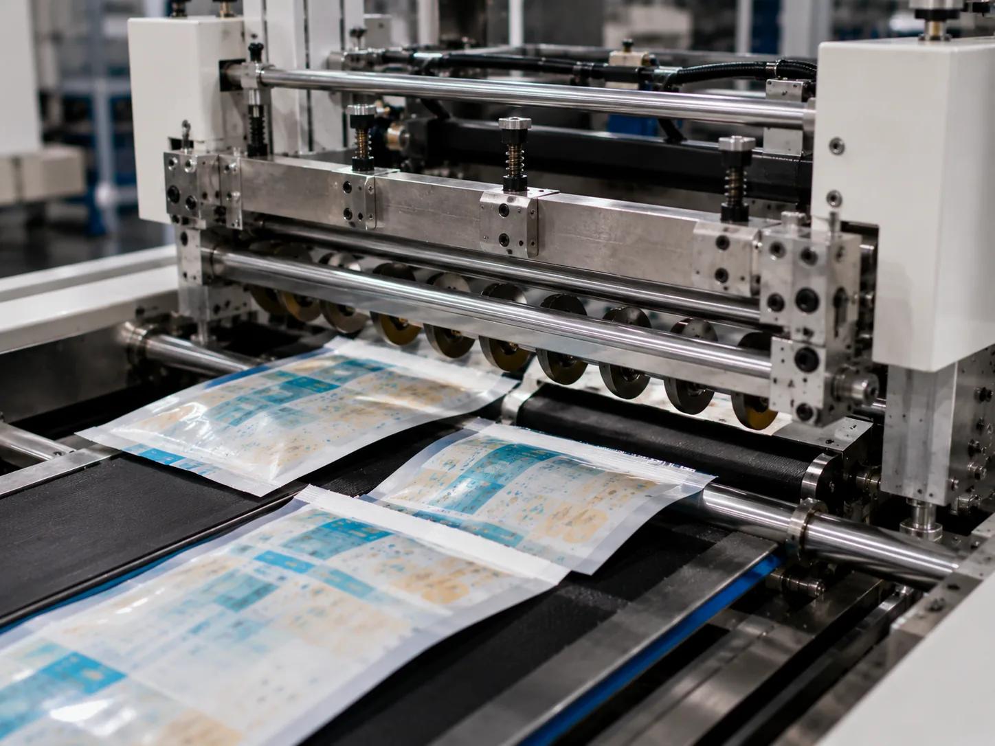 Cutting and tear-notch station on the bag converting line