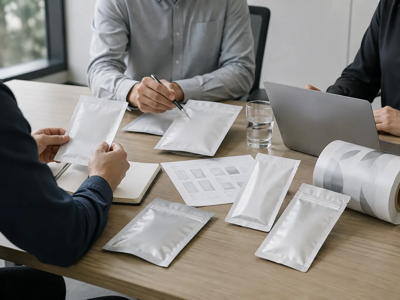 Packaging consultation - reviewing bag samples and film specifications with a customer