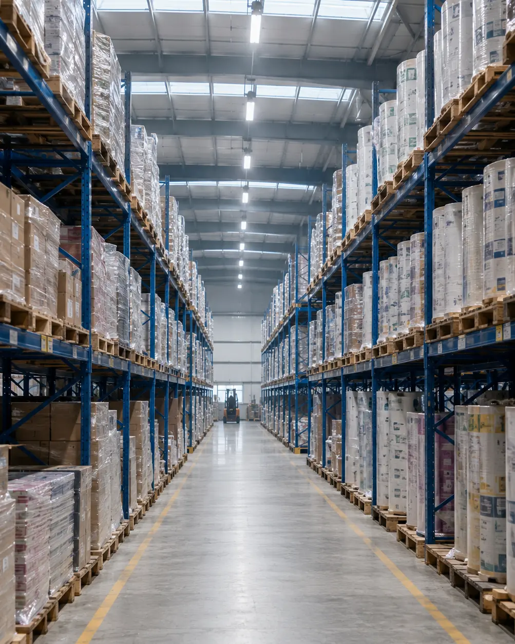 Tansox finished goods warehouse - racked pallets of printed packaging and film reels