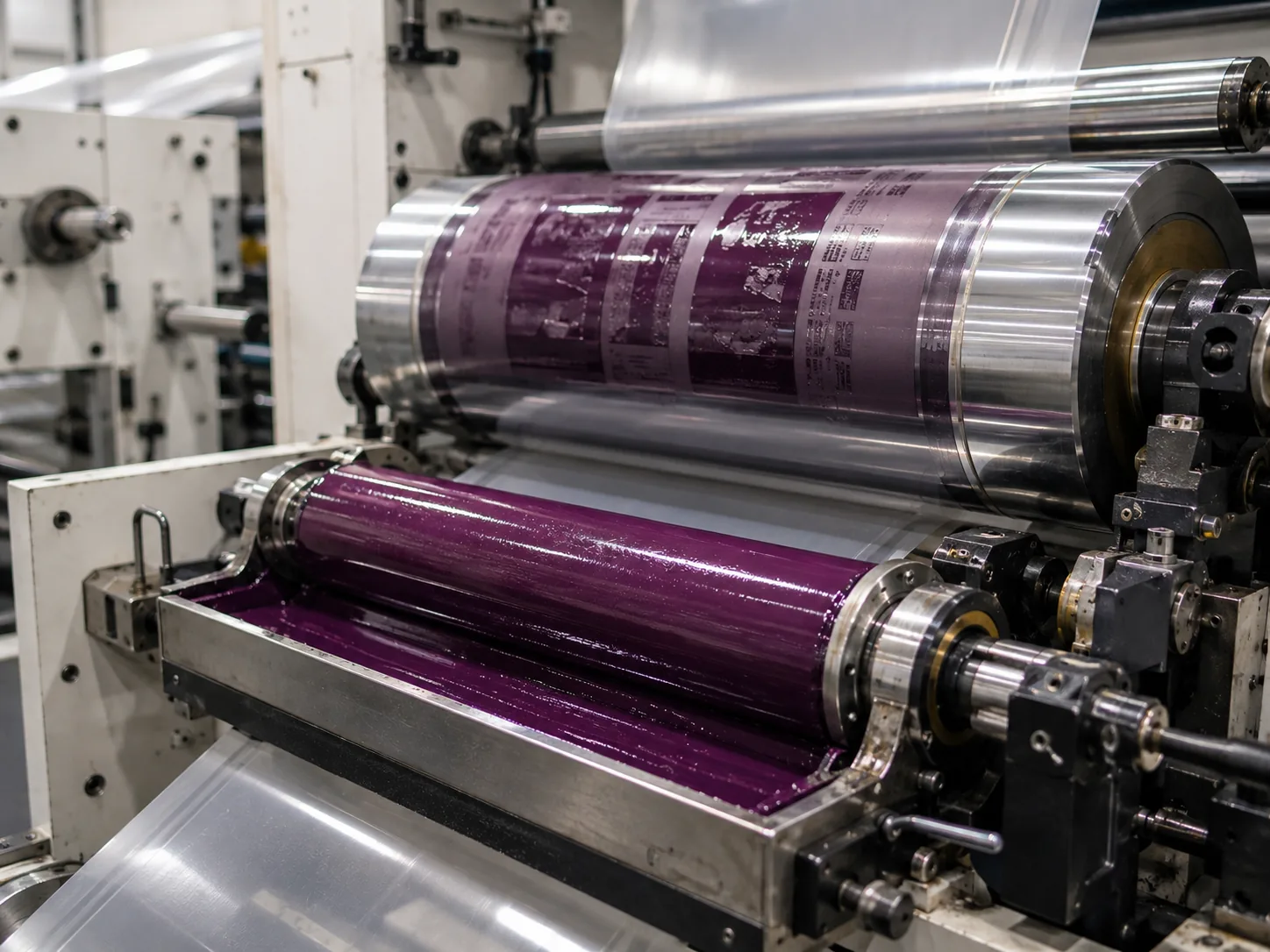 Flexo ink stations applying colour via anilox rollers
