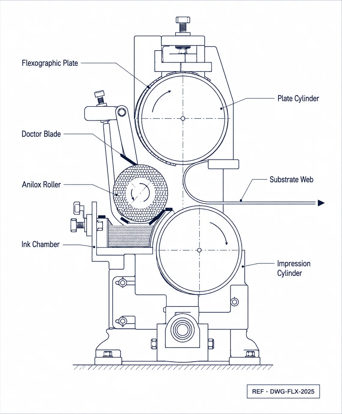 Technical drawing of a flexo press showing anilox and plate stations
