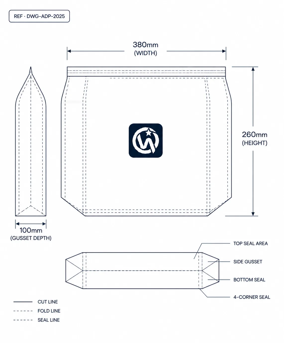 Technical construction diagram of adult diaper bag showing dimension callouts and seal lines