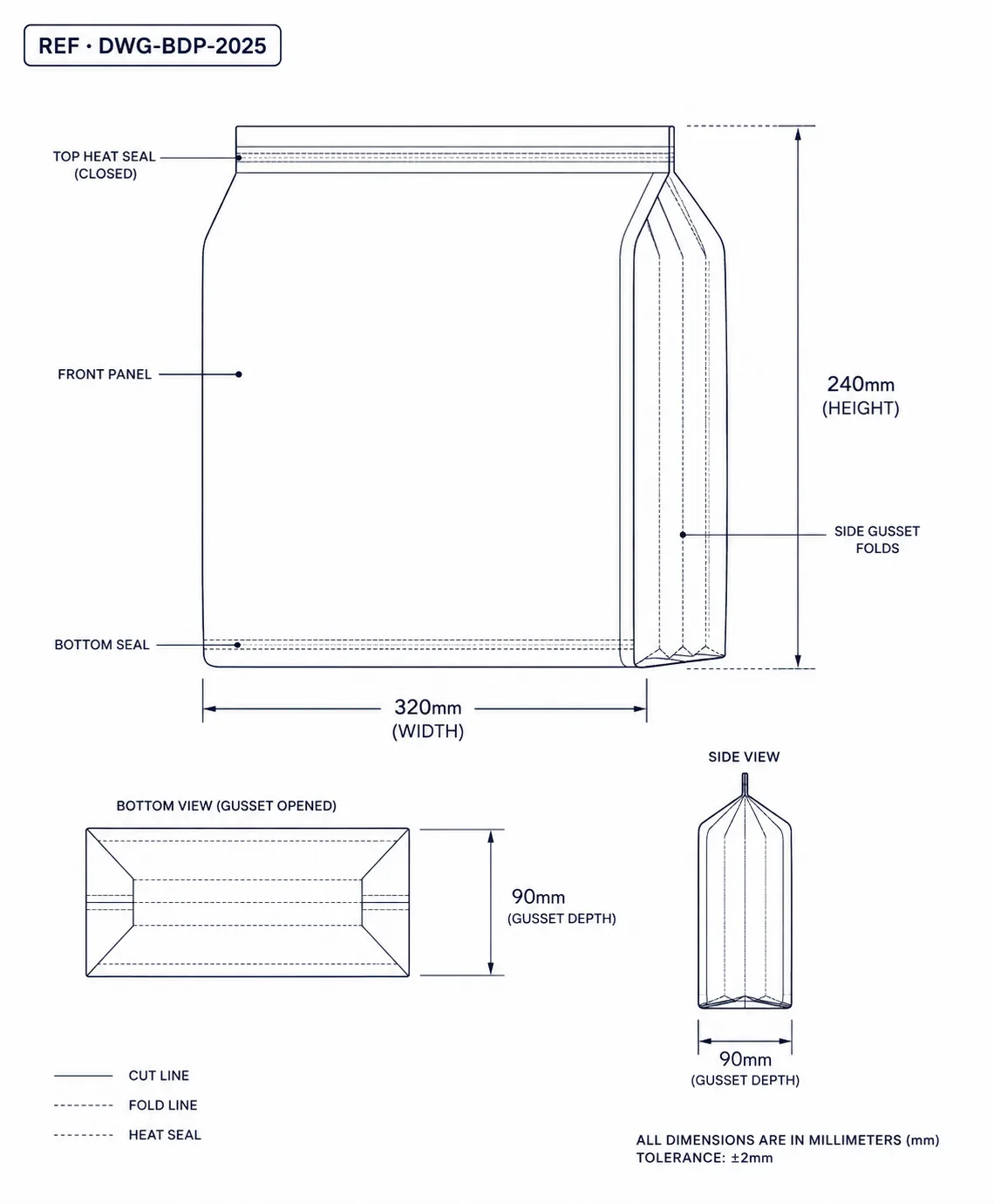 Technical construction diagram of diaper bag showing dimension callouts and seal lines