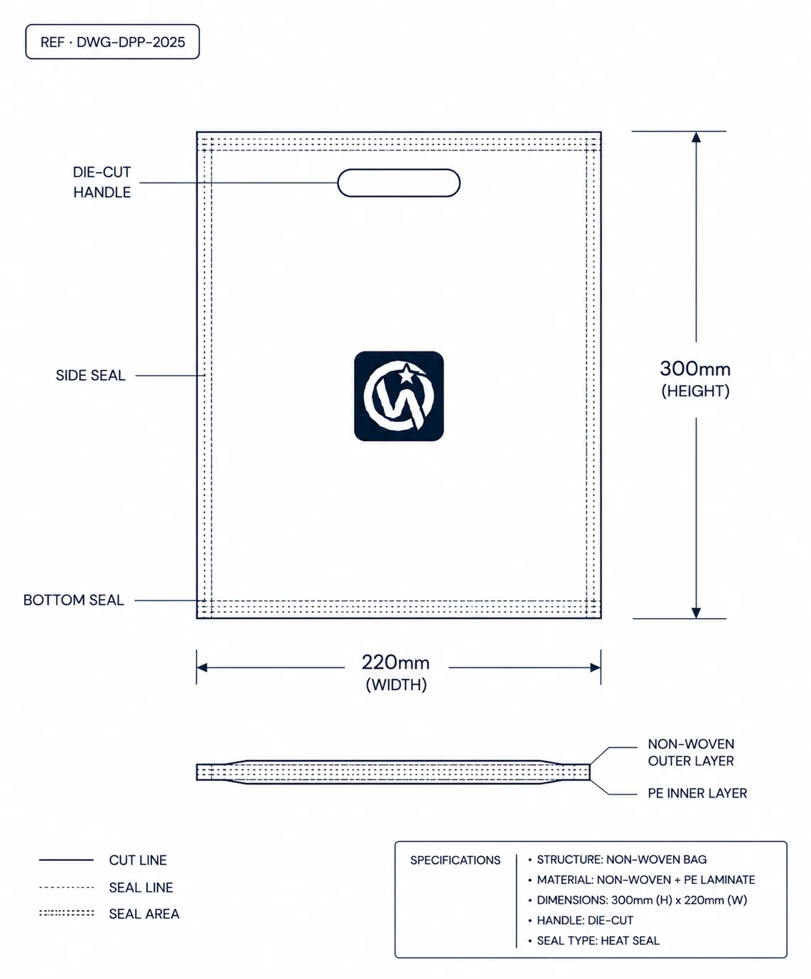 Technical construction diagram of disposable products bag showing dimension callouts and seal lines