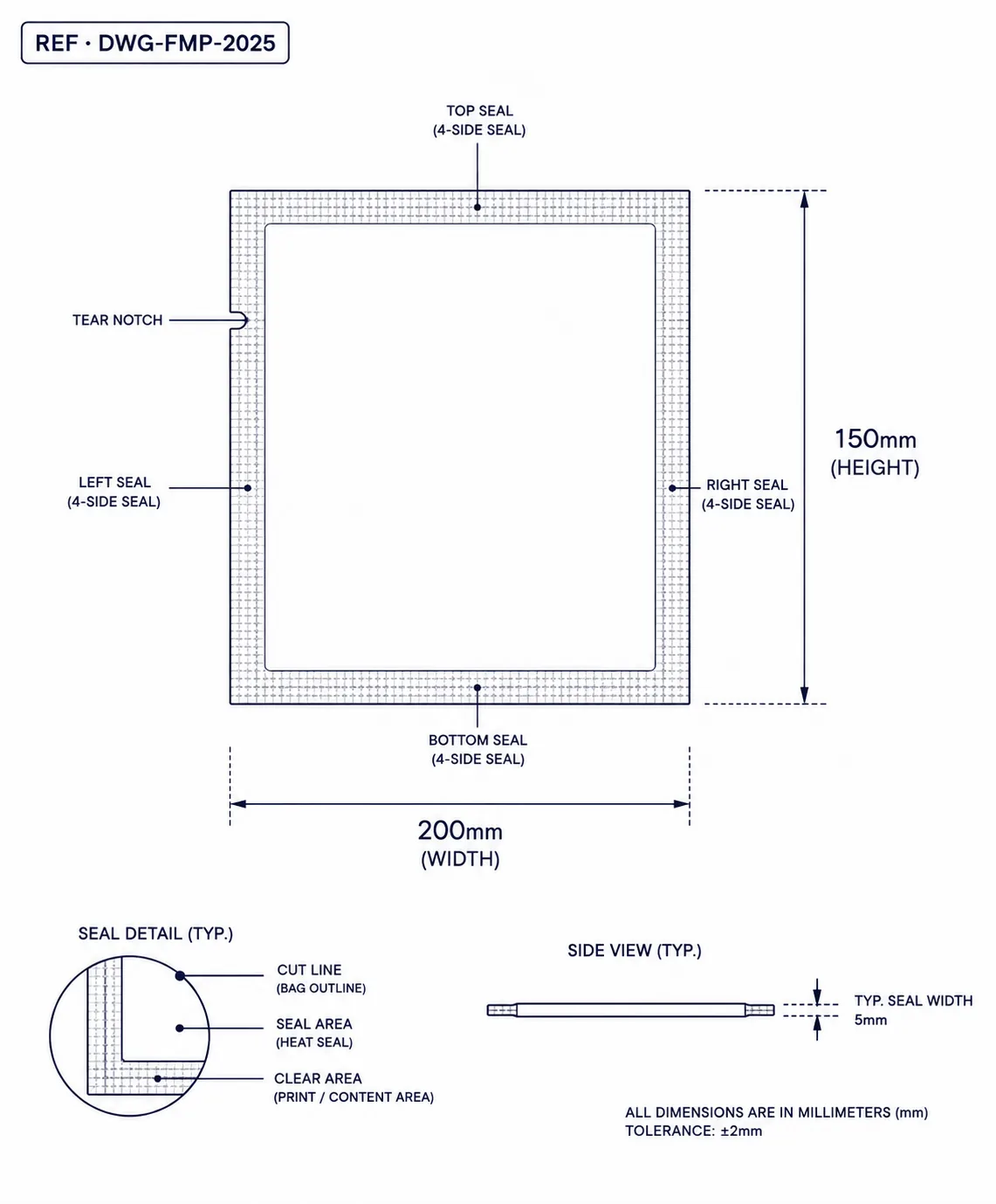 Technical construction diagram of face mask bag showing dimension callouts and seal lines