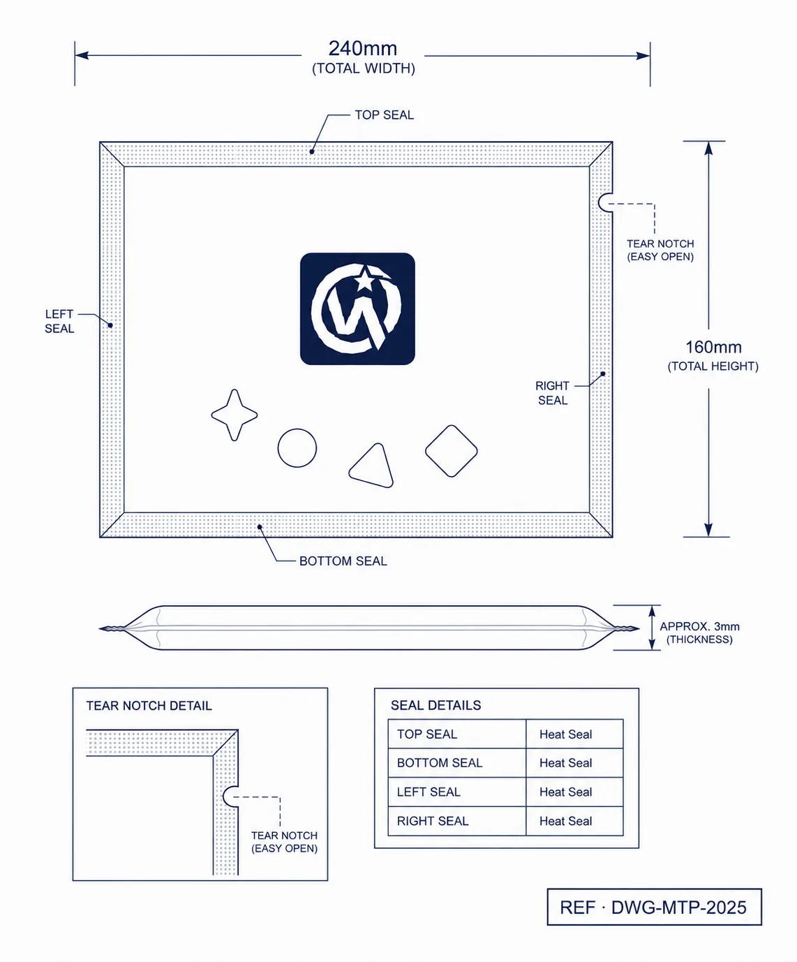Technical construction diagram of maternity pad bag showing dimension callouts and seal lines
