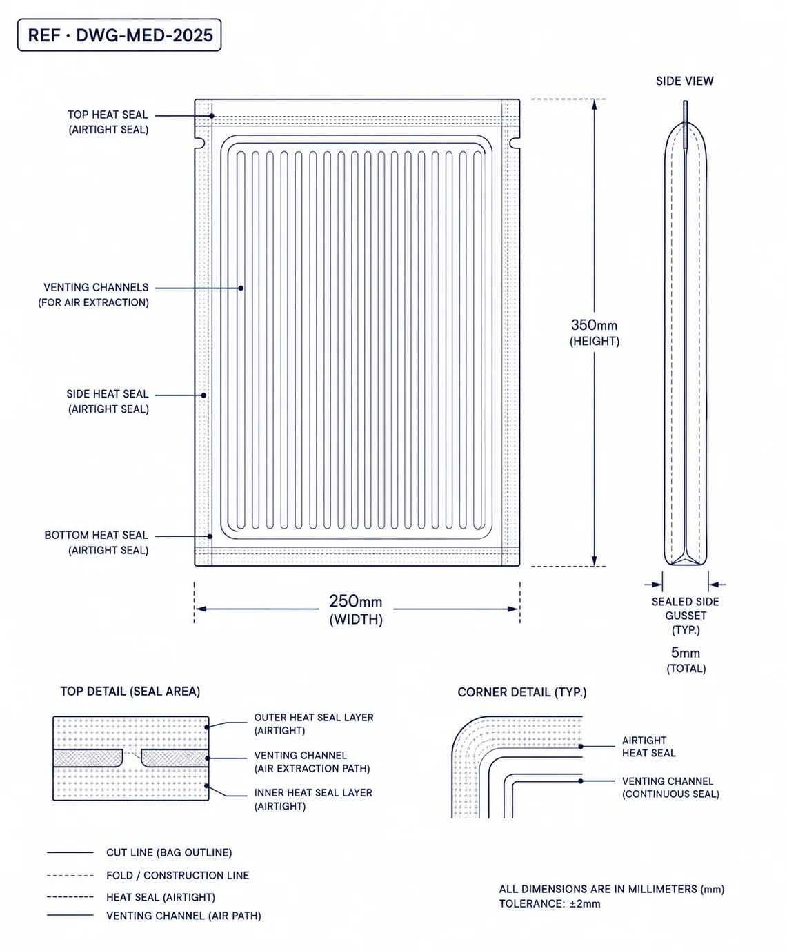 Technical construction diagram of medical packaging showing dimension callouts and seal lines