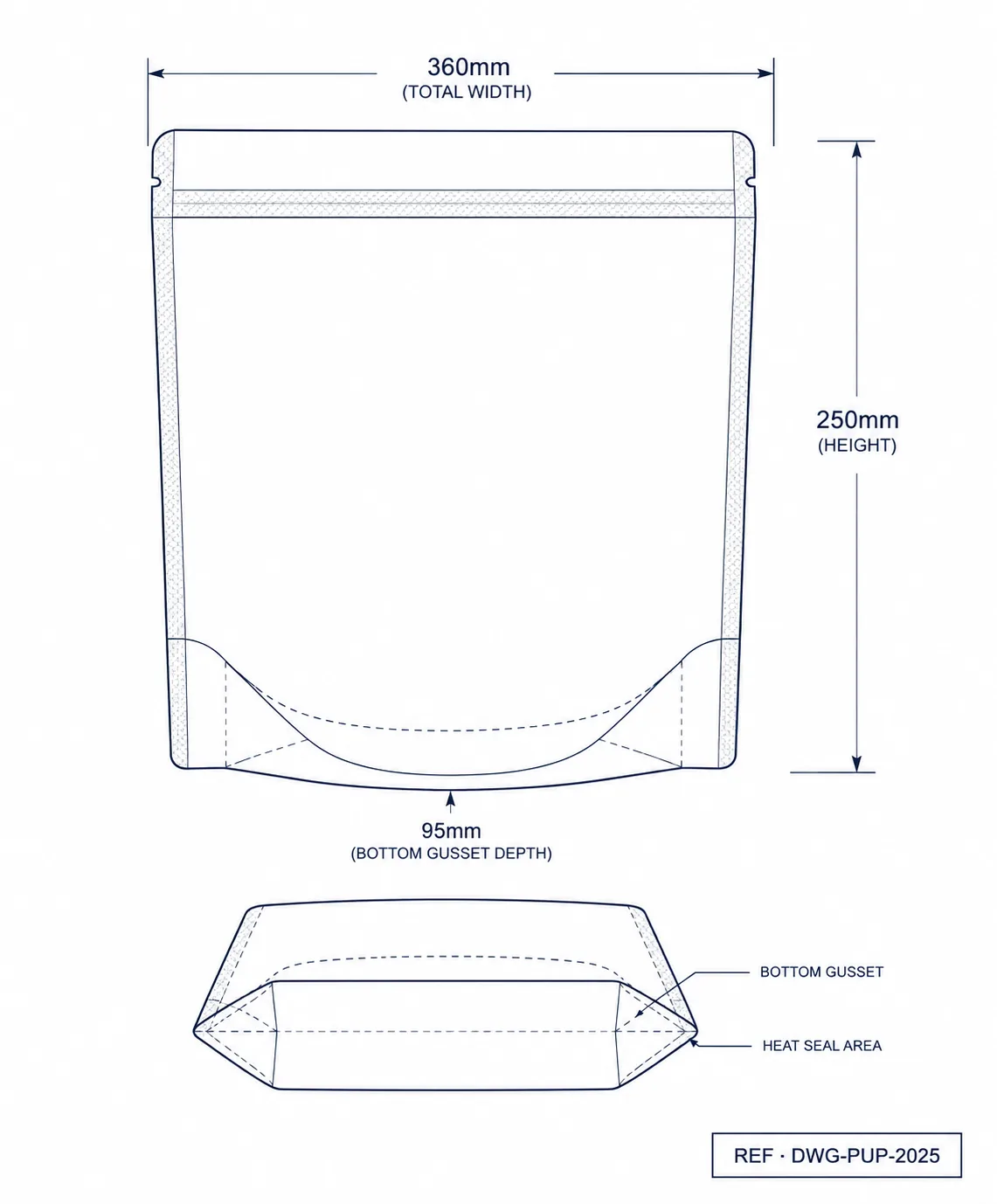 Technical construction diagram of pull-up pants bag showing dimension callouts and seal lines