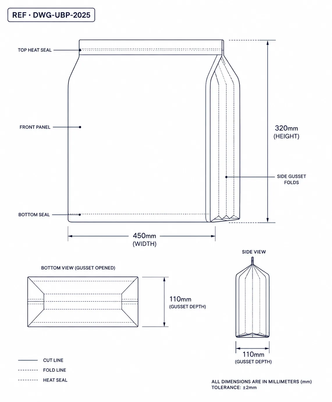 Technical construction diagram of underpad bag showing dimension callouts and seal lines