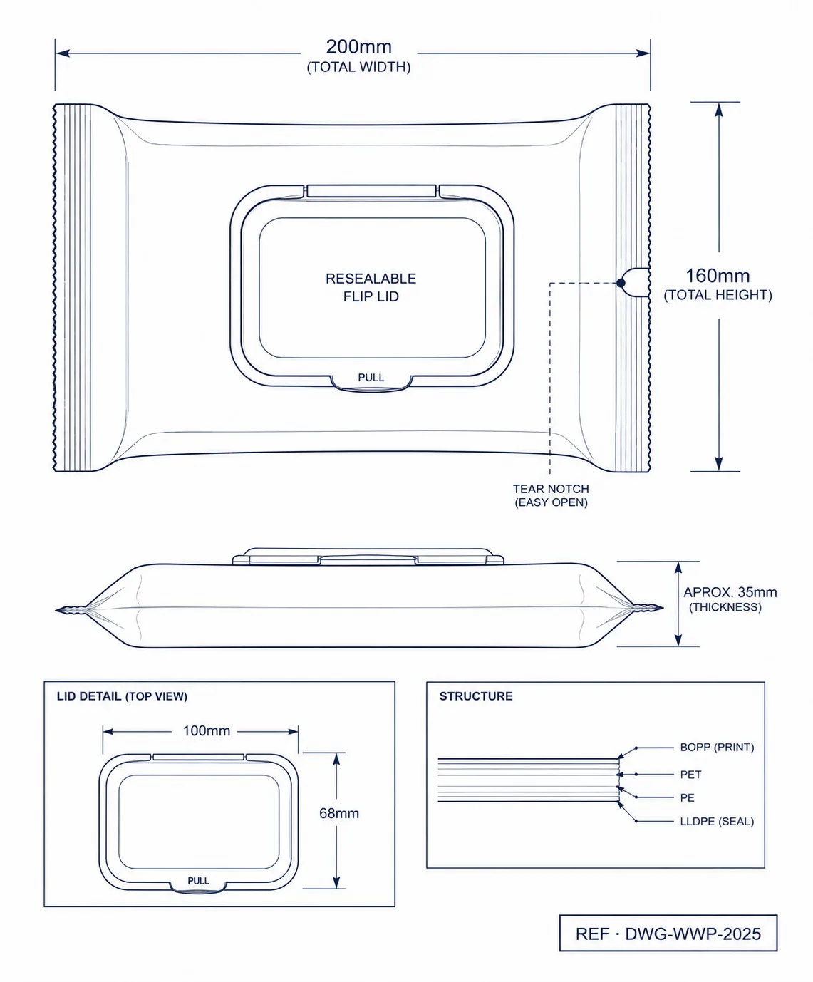 Technical construction diagram of wet wipes bag showing dimension callouts and seal lines