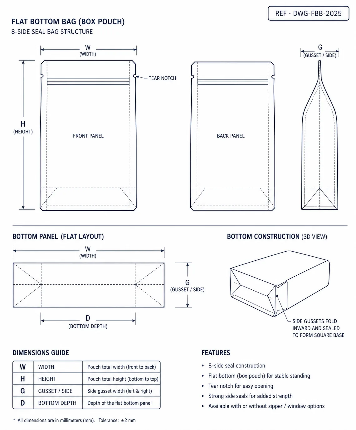 Technical construction diagram of flat bottom bag showing dimension callouts and seal lines