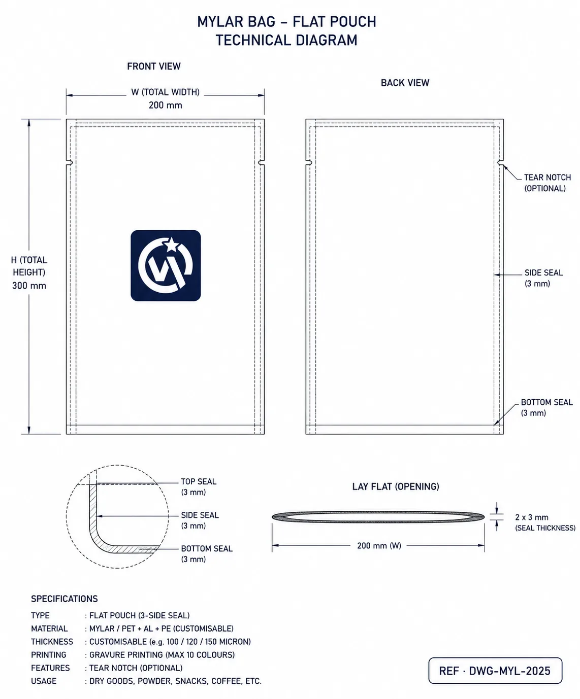 Technical construction diagram of mylar bag showing dimension callouts and seal lines