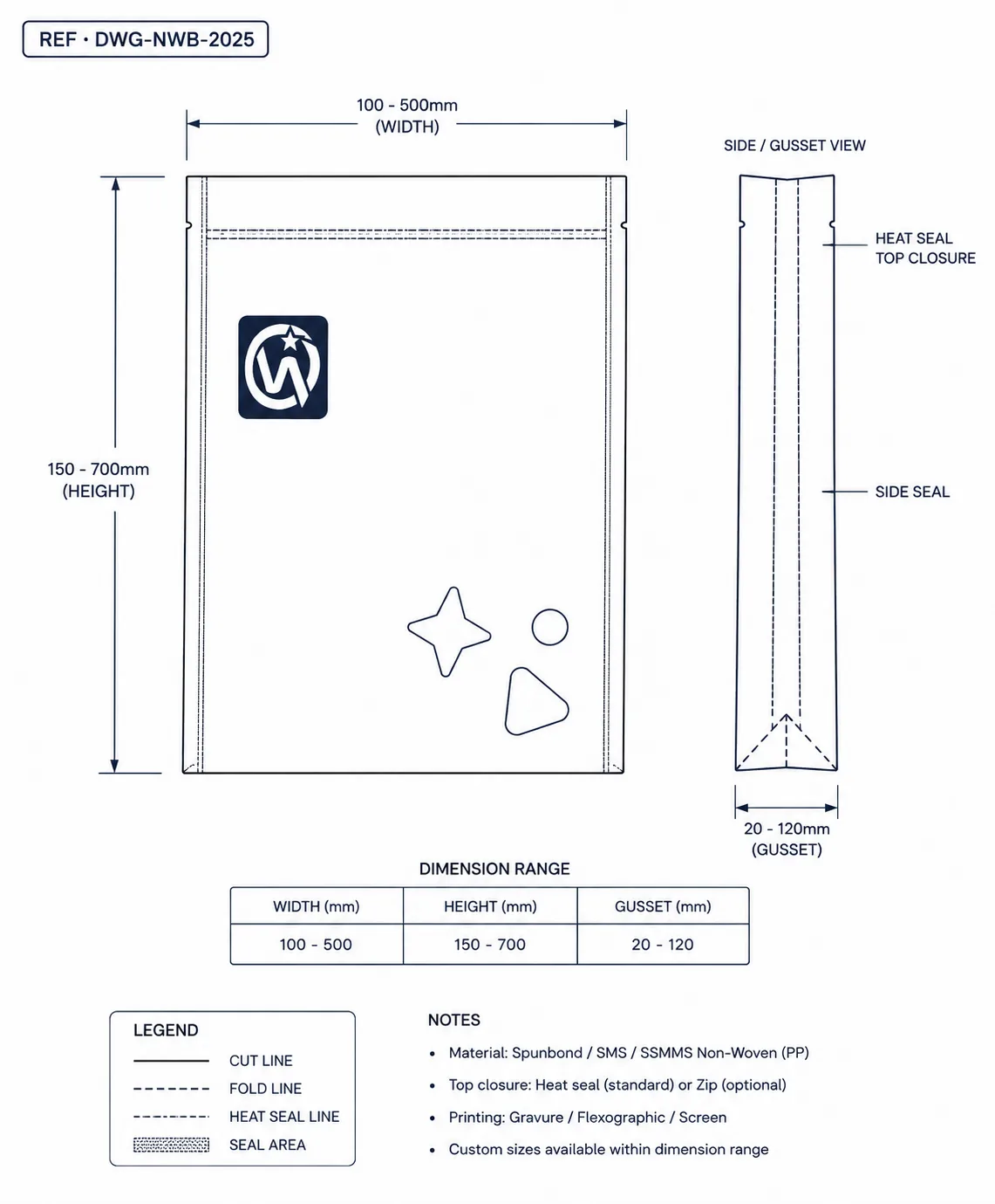 Technical construction diagram of non-woven bag showing dimension callouts and seal lines