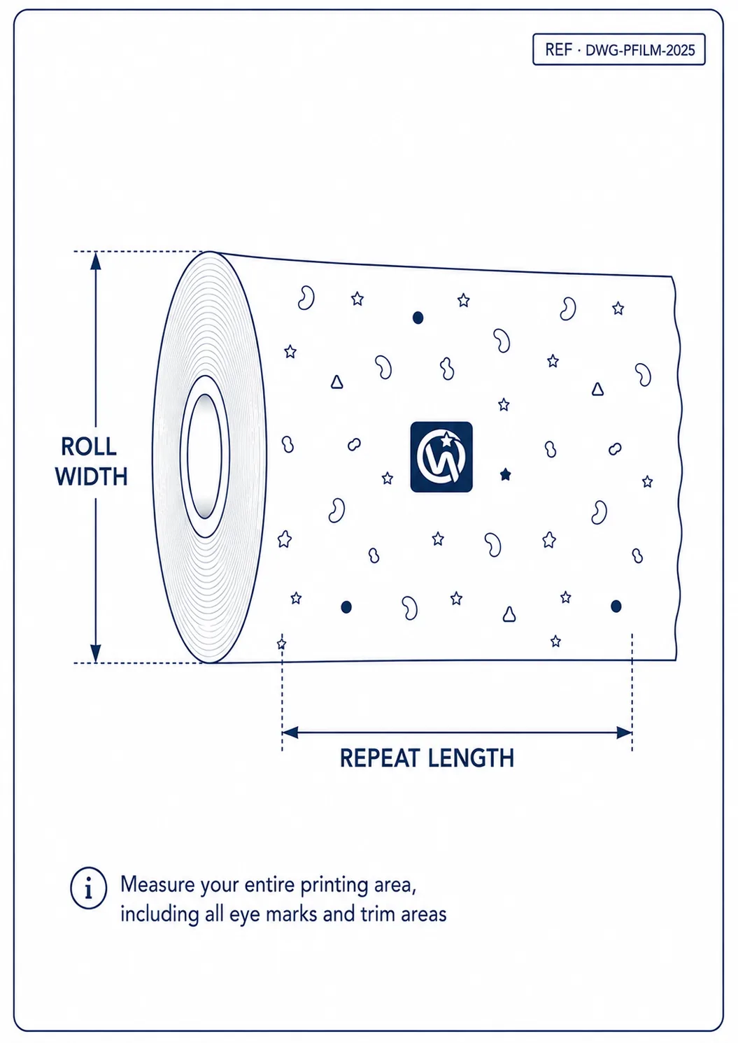 Technical construction diagram of film showing dimension callouts and seal lines