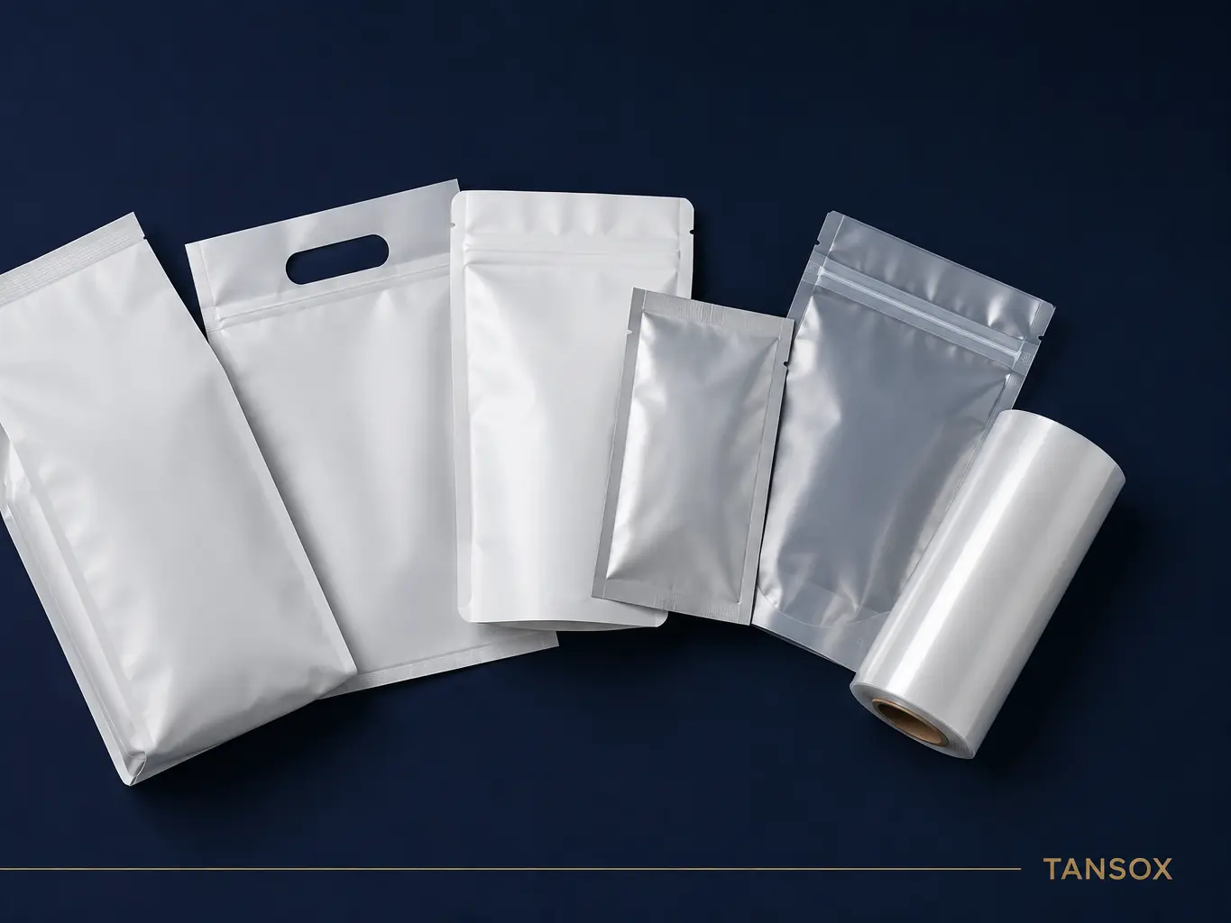 Custom request - blank sample bags in every format fanned out on a navy studio background