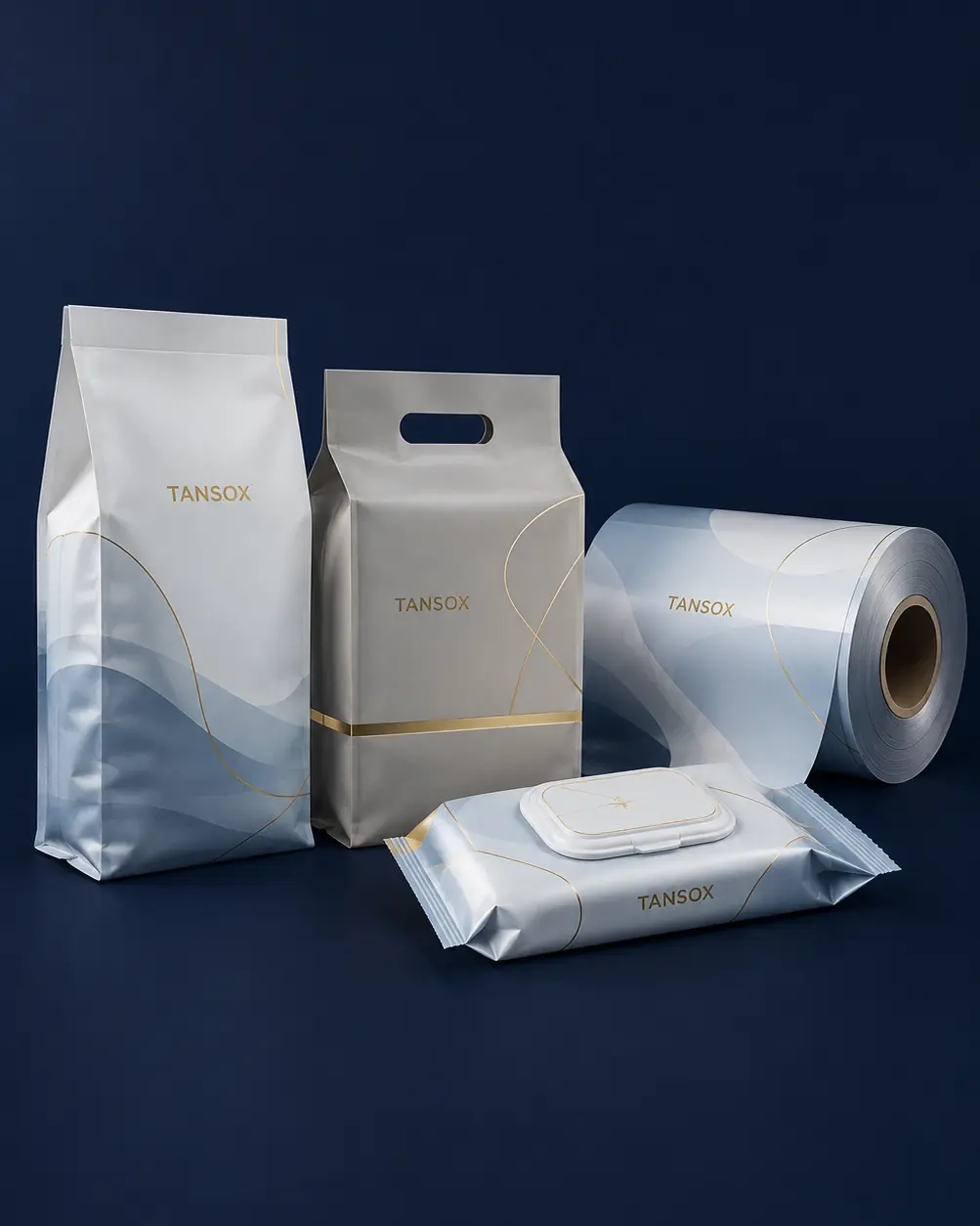 Custom printed flexible packaging range - side gusset bag, euro bottom bag, wet wipes pack and printed film reel on a navy studio background