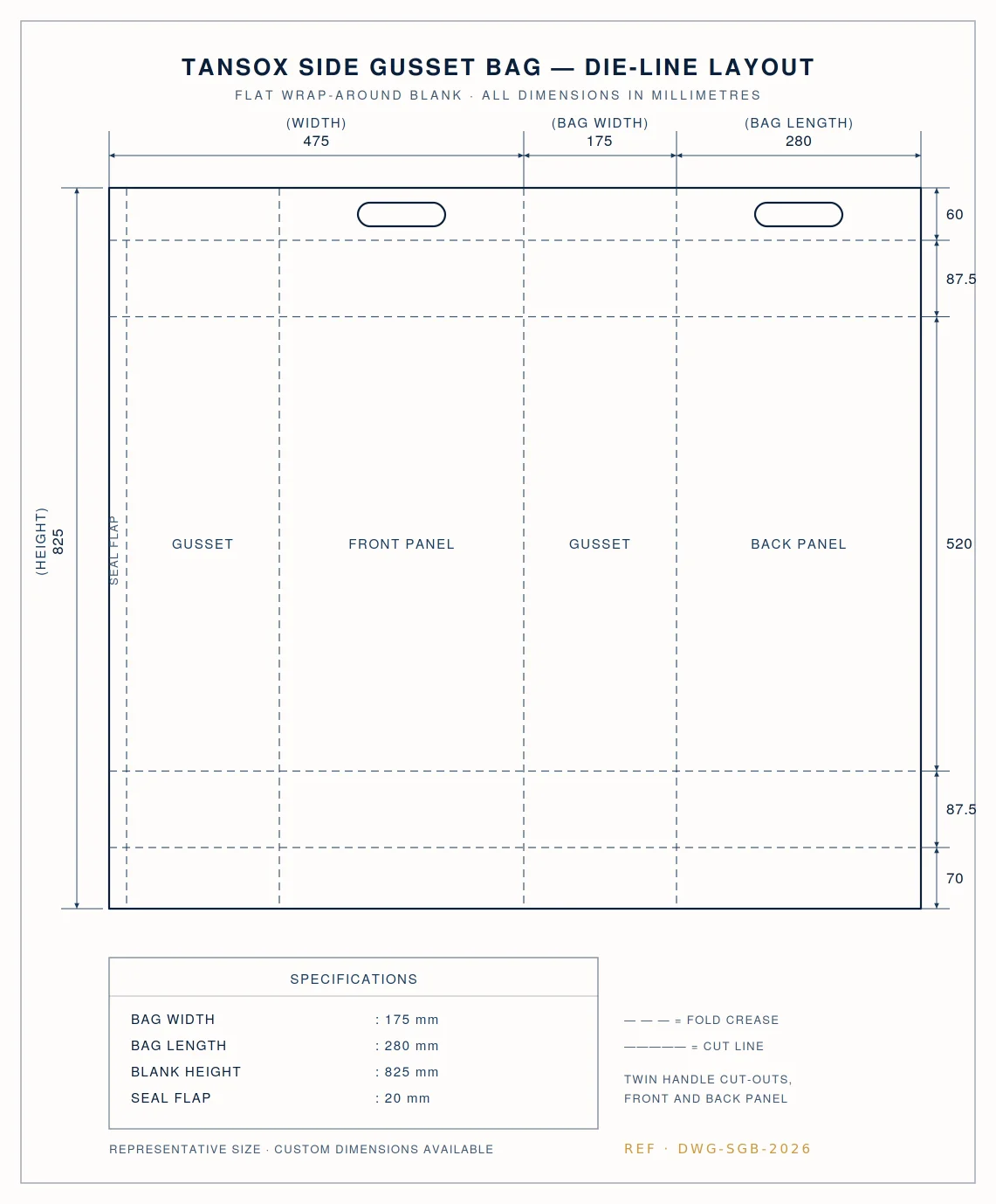 Die-line layout of Tansox side gusset bag showing 175 mm gusset, 280 mm panel, 825 mm blank height and twin handle cut-outs