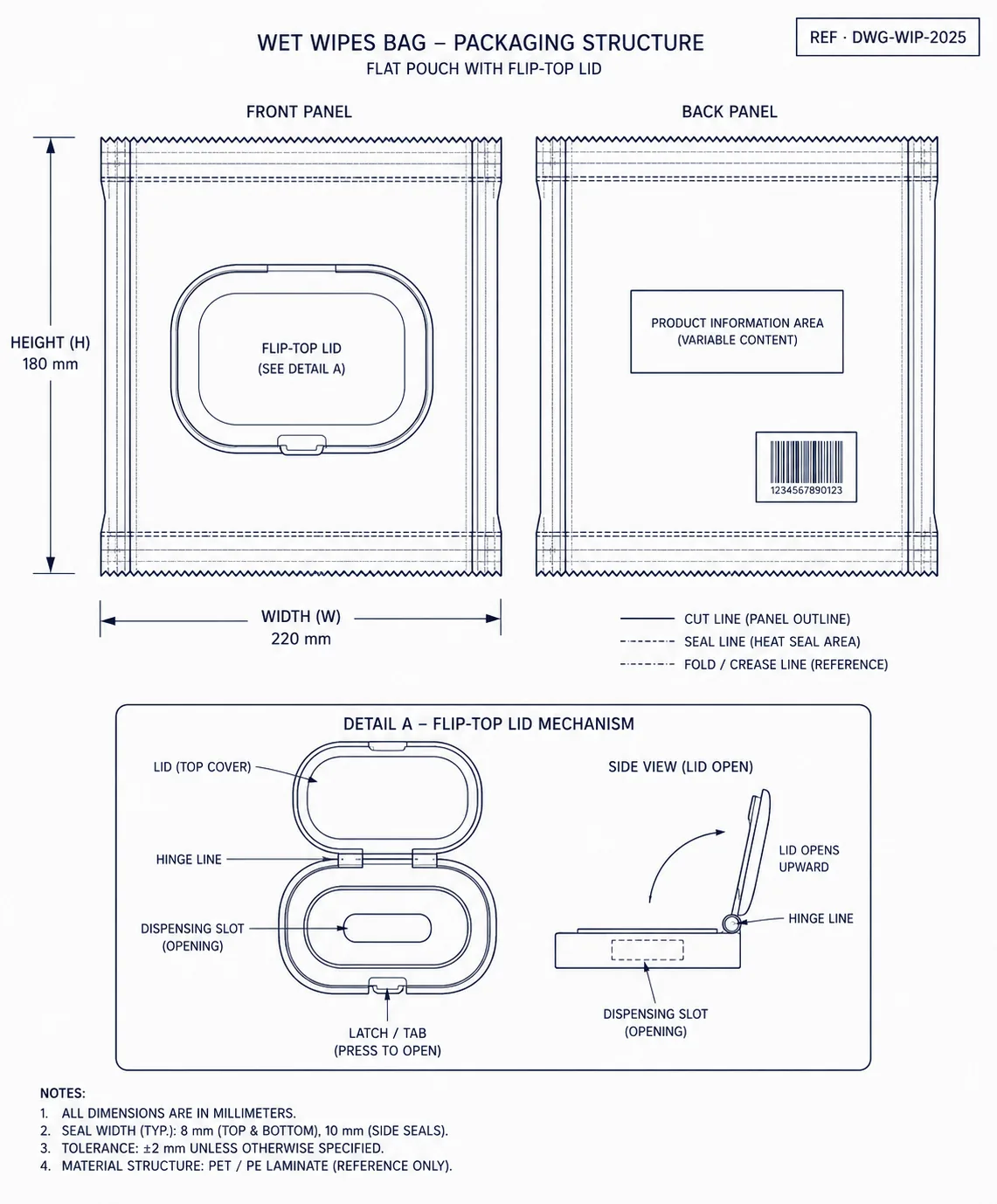 Technical construction diagram of wet wipes bag showing dimension callouts and seal lines