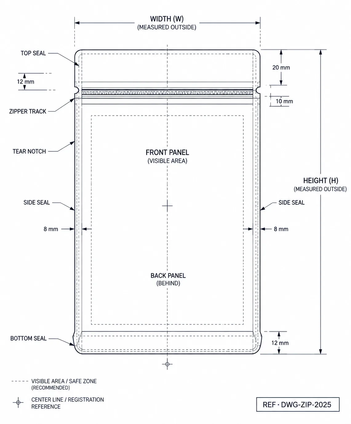 Technical construction diagram of zipper bag showing dimension callouts and seal lines