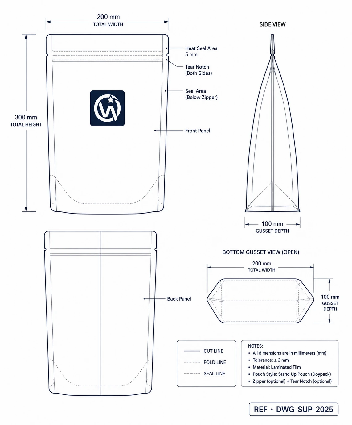 Technical construction diagram of a stand up pouch showing gusset, seal lines and dimension callouts