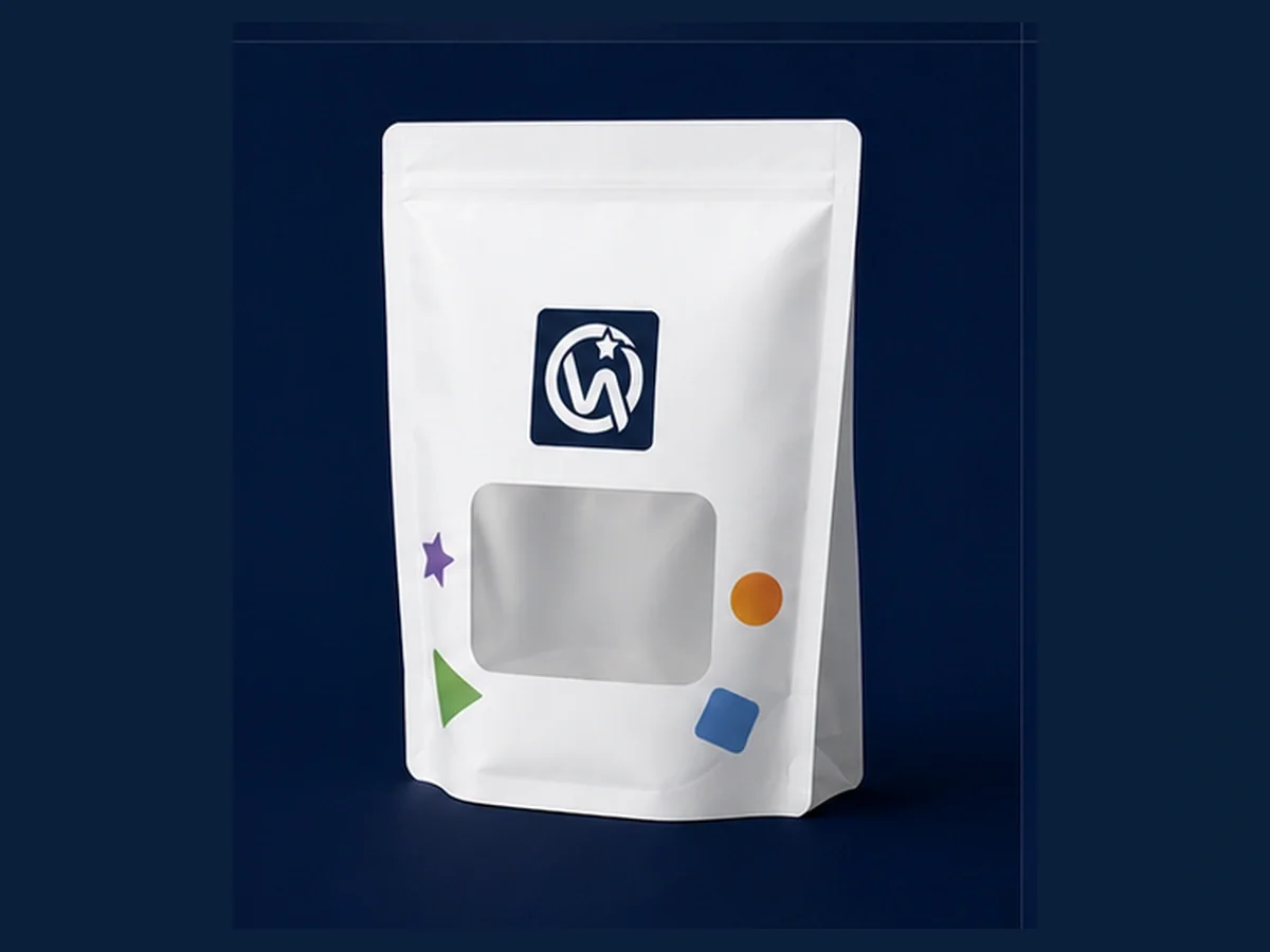 Clear window stand up pouch with die-cut window showing product texture and fill level
